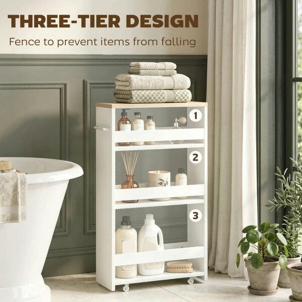 Bobobiy Storage Cart, 4-Tier Compact Storage Trolley on Wheels and Handle, 48W x 15D x 80H cm, White