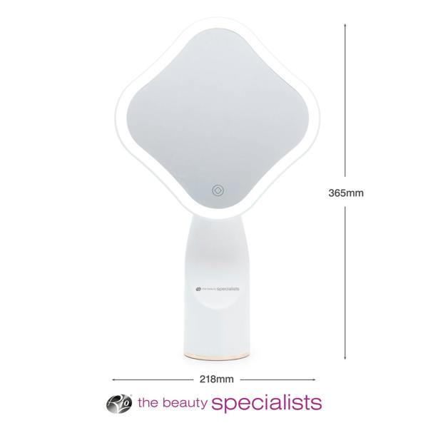 The Rio Illuminated Full Size Beauty Mirror features a white handheld design with rounded square edges, front touch button, and measures 365mm tall by 218mm wide. The beauty specialists logo and text appear below the mirror.