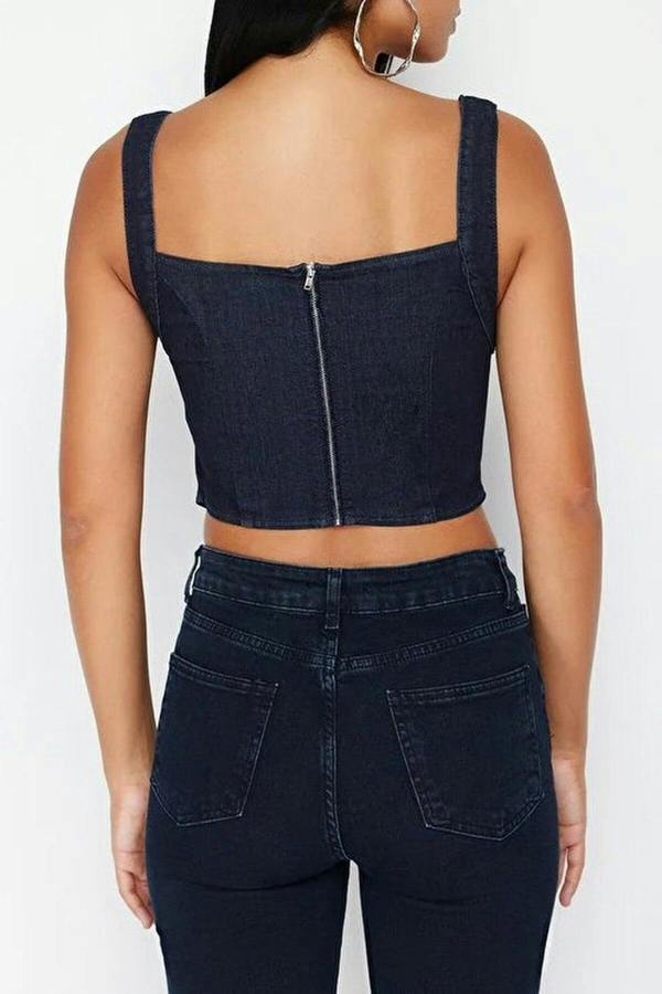WOVCOR Lace Neckline Strappy Denim Crop Bustier