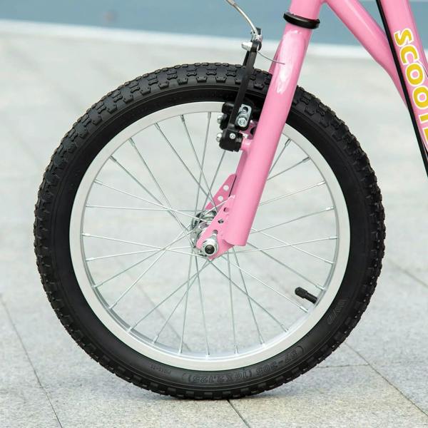 Pink kids kick scooter front wheel with black tire and brake assembly