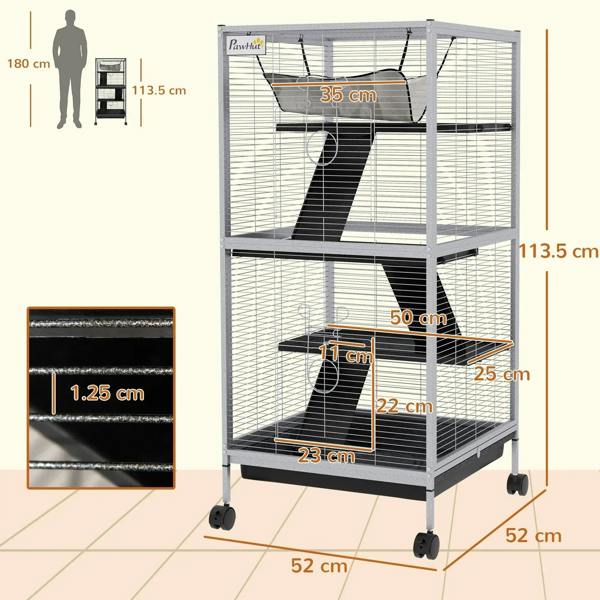 Light grey small animal wire cage with ramps and platforms, size diagram overlay
