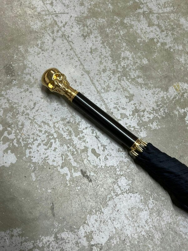 Alexander McQueen Gold Skull Umbrella Wood Detailing Black