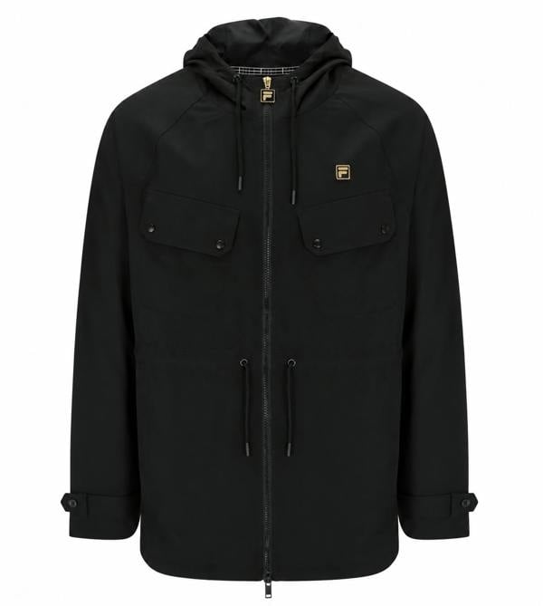 Black Fila Fabroni hooded parka with gold logo, front flap pockets, drawstring waist, and gold zipper detail.