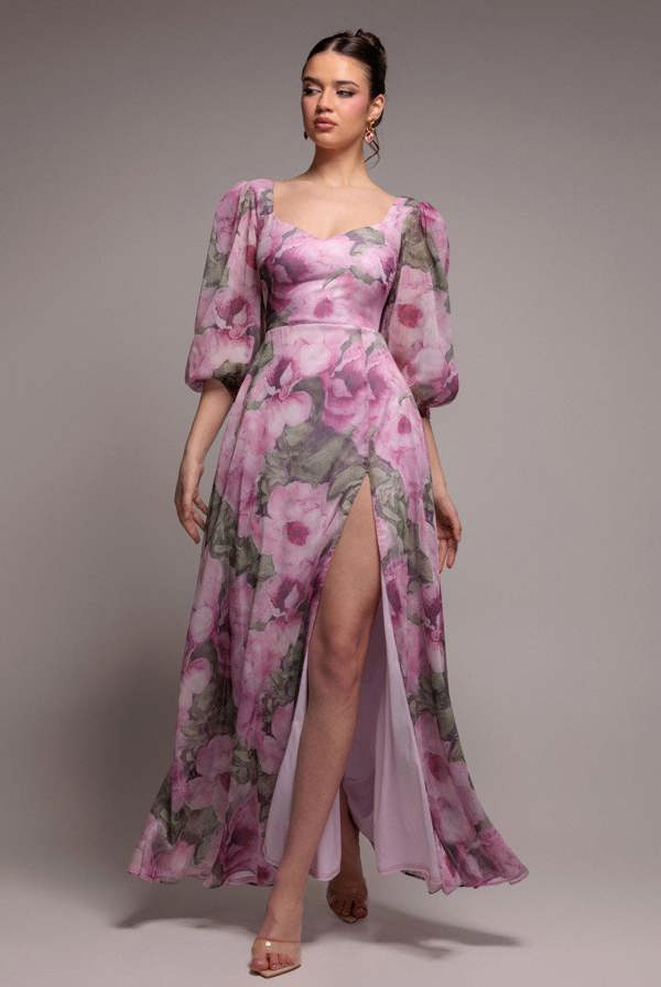 Puff Sleeve A-Line Printed Chiffon Maxi Dress With Split - Blush Pink DR4550