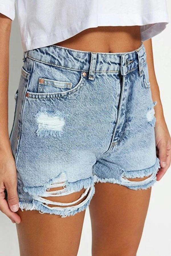 WOVCOR Ripped High Waist Mini Denim Short
