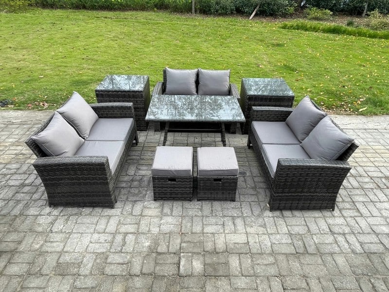 Fimous Outdoor Lounge Sofa Set - Dark Grey Mixed Wicker Rattan Garden Furniture with Rectangular Dining Table & 2 Footstools