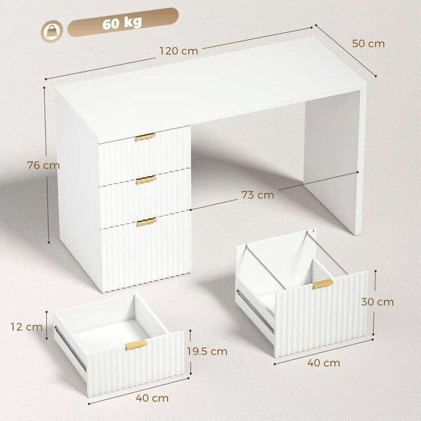 Computer Desk with 3 Drawers Reversible Home Office Desk 120 cm, White