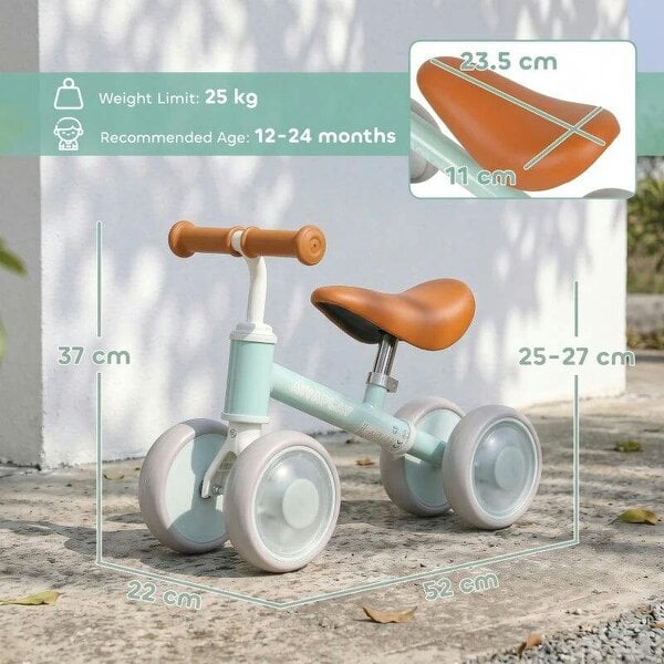Baby Balance Bike for 1-2 Years Old, Light-up Toddler Balance Bike with Adjustable Seat, 4 Silent EVA Wheels, Green