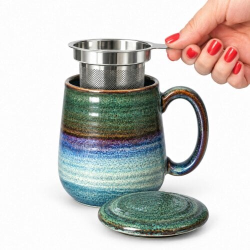 Skandi Home Aska Large Ocean Teal Reactive Glaze Ceramic Infuser Mug with Lid and removable Stainless Steel Infuser