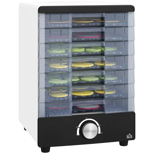 White food dehydrator with seven clear drying trays and temperature control knob
