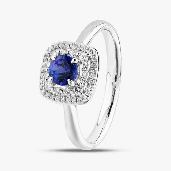 T. H. Baker 18ct White Gold Brilliant Cut Sapphire & Diamond Double Halo Ring R65157W-SAP M