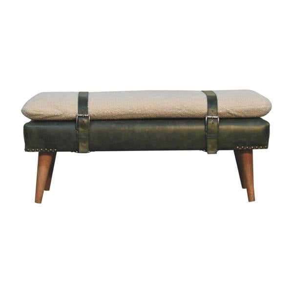 Artisan Furniture Bouclé Buffalo Hide Olive Green Leather Bench