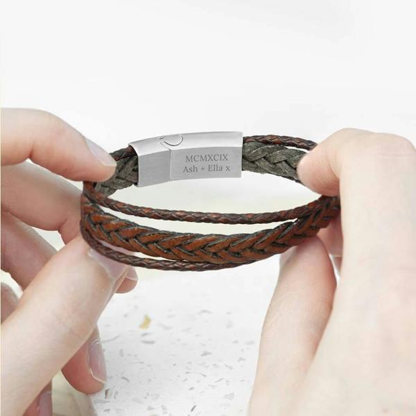 Personalised Men's Woven Layered Leather Bracelet - alternative angle