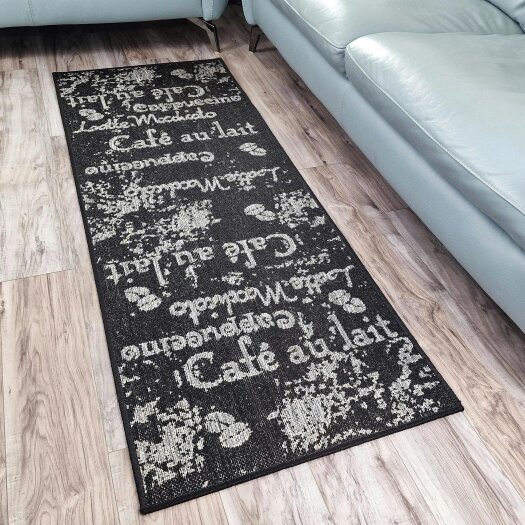 Non-Slip Black Kitchen Rug Coffee Pattern Flat Weave Sisal Look Area Mat and Runner