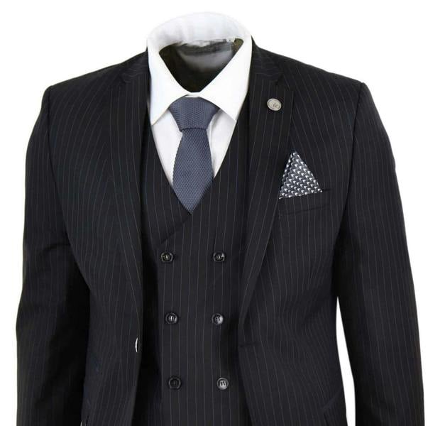TruClothing Men's 3 Piece Black Pinstripe Retro Suit