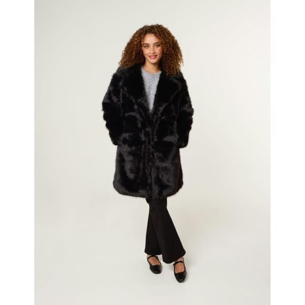 Blue Vanilla Faux Fur Long Coat - Black