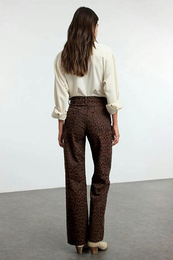 WOVCOR Suede Look Leopard Print High Waist Wide Leg Jeans