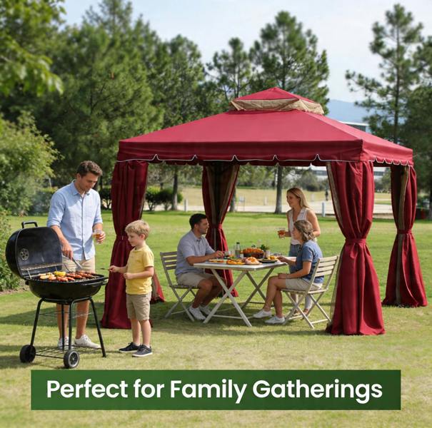 Shatchi Red Gazebo with Nets Aluminium Frame and Powder coated Steel Roof,3x3x2.75m