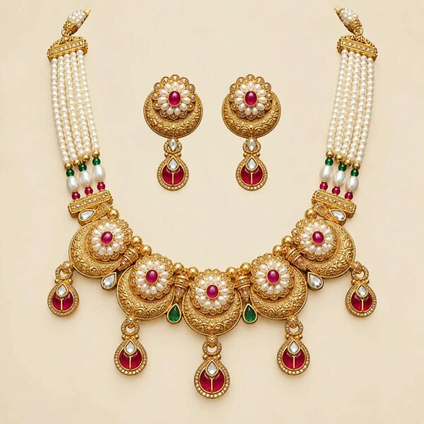 The Colourful Aura Gold Meenakari Disc Choker Necklace Set with Pearl Chain and Earrings