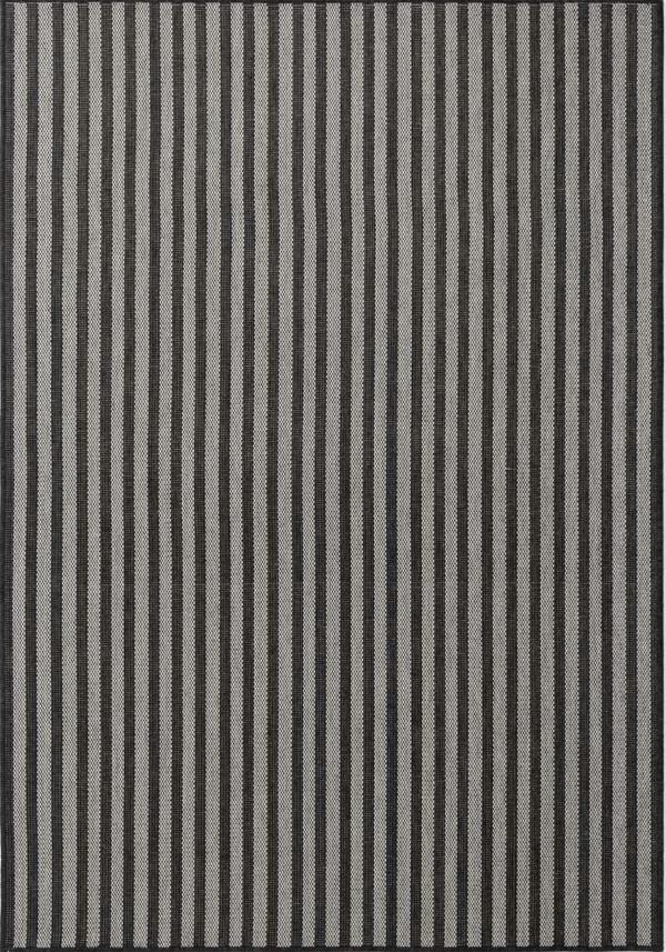 Striped rug with black and gray vertical lines on a plain background