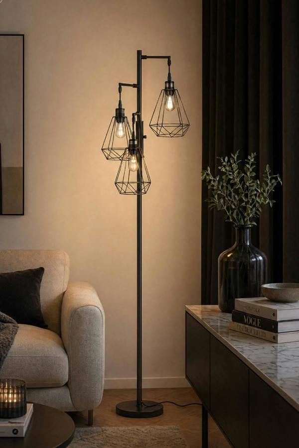 Modern Industrial Black 3-Head Floor Lamp with Diamond Cage Shade