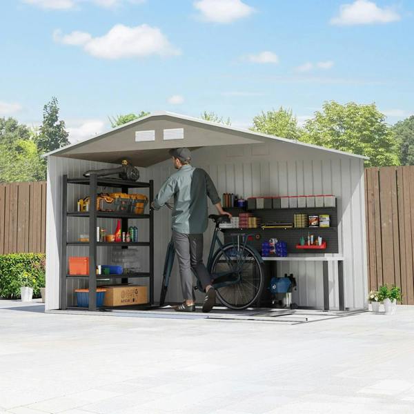 Light brown metal garden storage shed with open double doors and ventilated walls