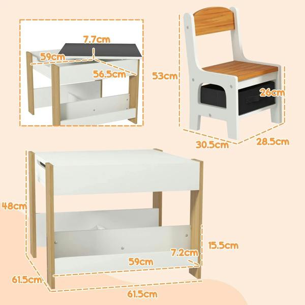 Kids table and chair set with natural wood accents and a blackboard-style tabletop