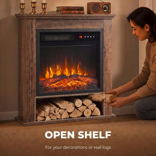 HOMCOM Freestanding Electric Fireplace Suite, 25" 1800W, Open Shelf
