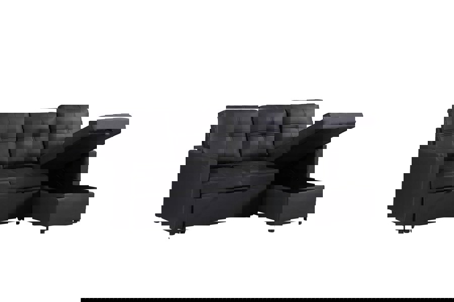 SQUAREBOXX Newport Leather 3 Seater Pullout Sofa Bed in Black with Storage Compartment