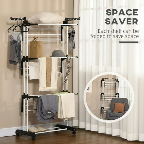 Black foldable drying rack with hanging bars and shelves that fold to save space