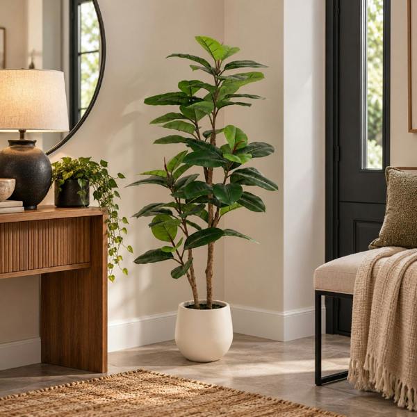 Artificial Rubber Ficus Tree in White Pot - 135cm