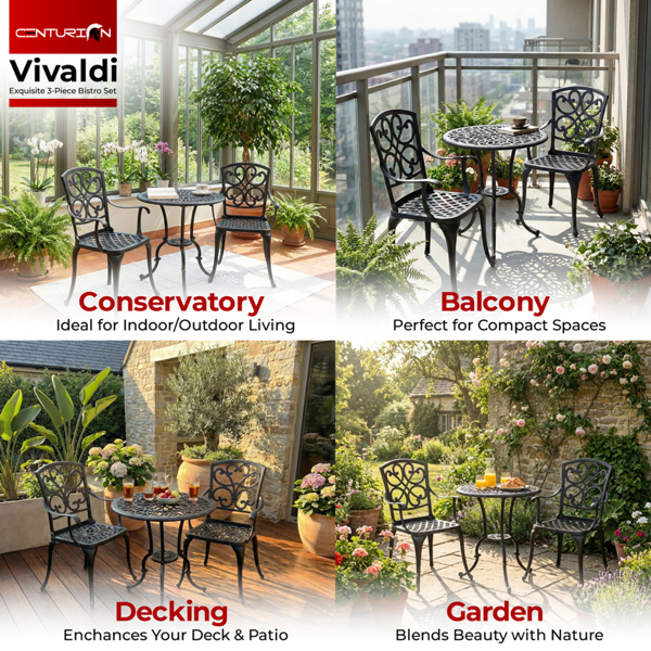 Centurion Supports VIVALDI 3-Piece Aluminium Garden Bistro Set - Round Table with Parasol Hole & 2 Generously Sized Armchairs - Baroque Design (Black)