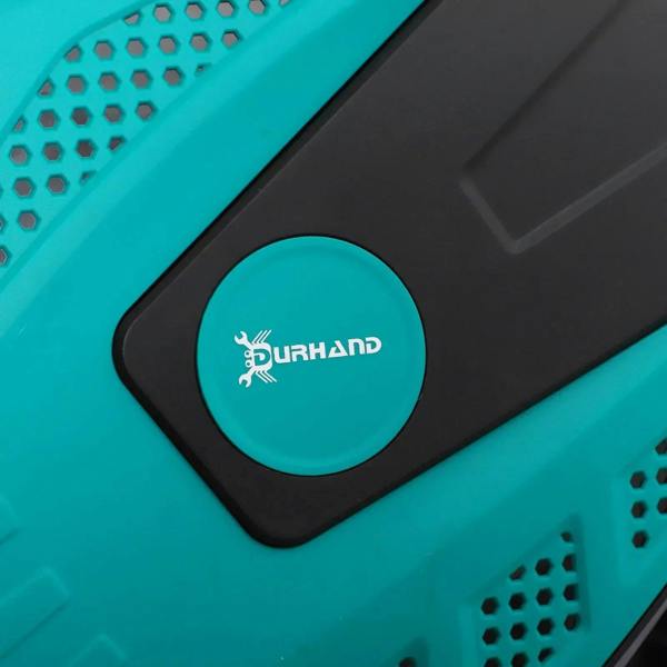 Close-up of teal and black hose reel control panel with Durhand logo