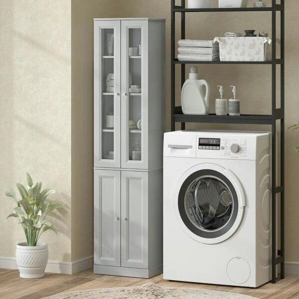 Tall Bathroom Storage Cabinet, 6-Tier Slim Bathroom Cabinet with Adjustable Shelf, 4 Soft-Close Doors, Dusty Blue