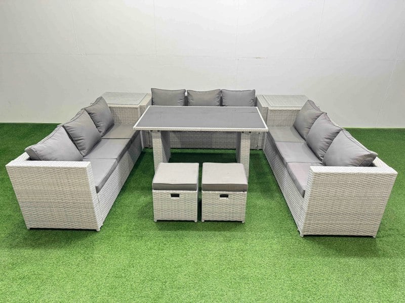 Fimous Patio Outdoor Garden Furniture Sets with Black Glass Top Dining Table 3 Seater Sofa 2 Side Tables 2 Small Stool Light Grey