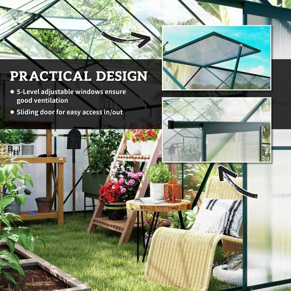 Clear polycarbonate greenhouse with sliding door and multi-level adjustable window panels for ventilation.
