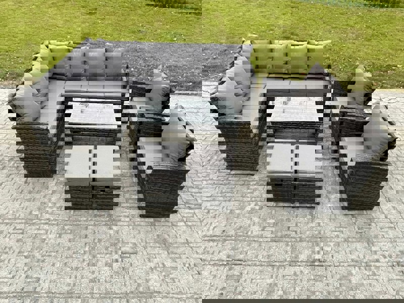 Fimous Rattan Garden Furniture Sets High Back Corner Sofa Oblong Coffee Table Set with 2 Small Footstool 2 Armchairs Dark Grey Mixed
