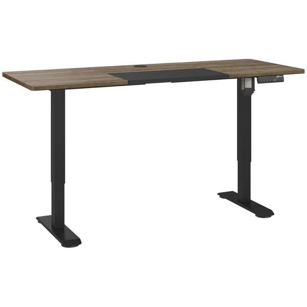 Adjustable standing desk with wood-look top and dark metal legs, central standing frame