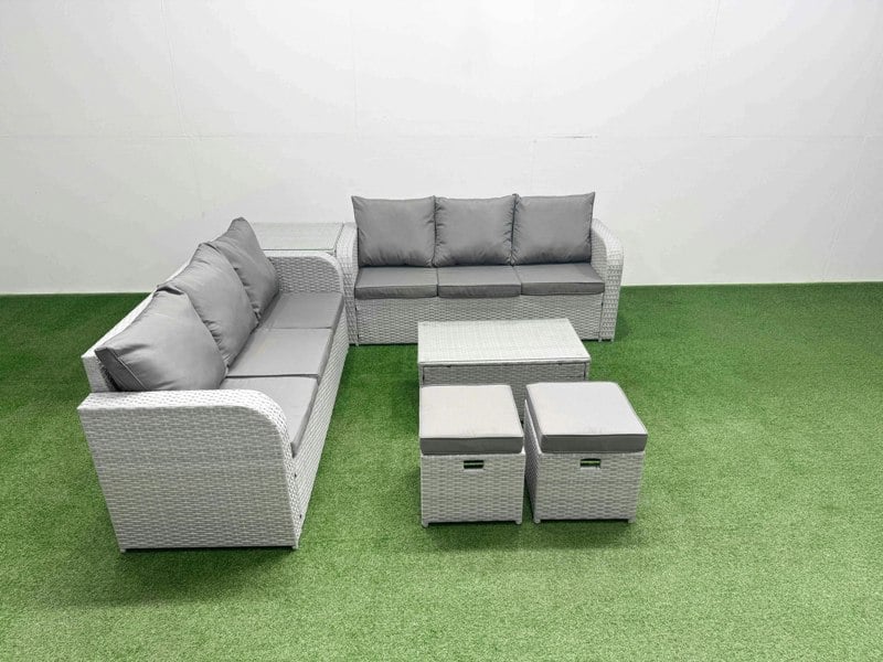 Fimous 8 Seater Rattan Outdoor Sofa Set - Light Grey Wicker with Rectangular Coffee Table, High Back Lounge Sofa & Stools