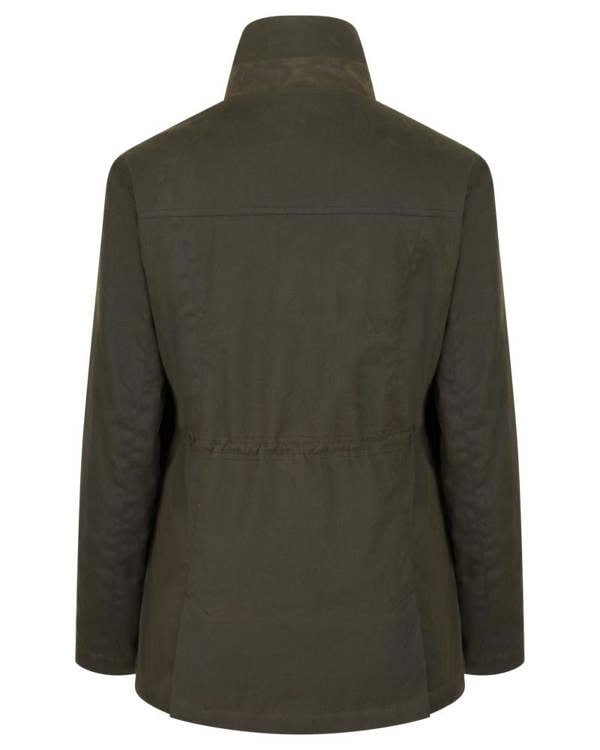 Hoggs of Fife Caledonia Ladies Wax Jacket reverse side with high collar and long sleeves