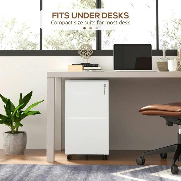 White compact 2-drawer filing cabinet on wheels for desk-side storage
