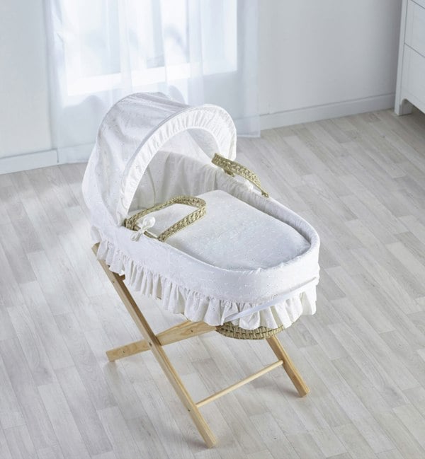 Kinder Valley Broderie Anglaise White Palm Moses Basket with Folding Stand Natural