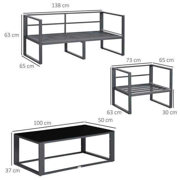 Aluminium patio sofa set diagram showing bench and table sizes in cm