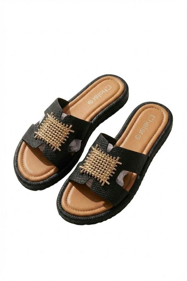 Amber Gold Woven Buckle Slides - Black_wb