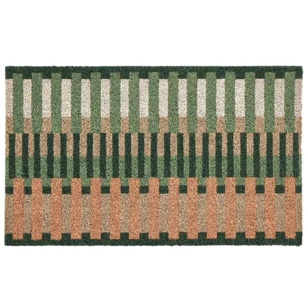 Rectangular doormat with a striped pattern in green, brown, and white on a white background