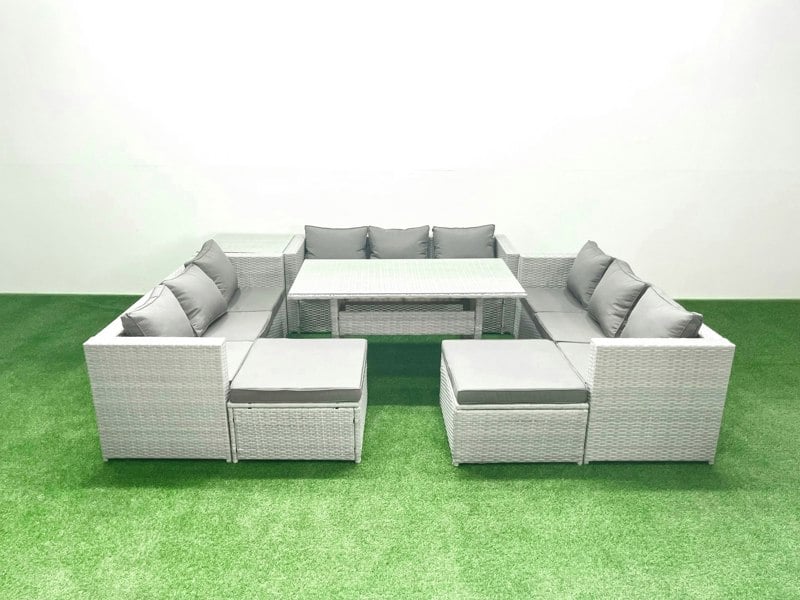 Fimous Rattan Garden Outdoor Furniture Set 11 Seater Garden Sofa Rectangulr Dining Table Set with 2 Big Footstools Side Table Light Grey Mixed