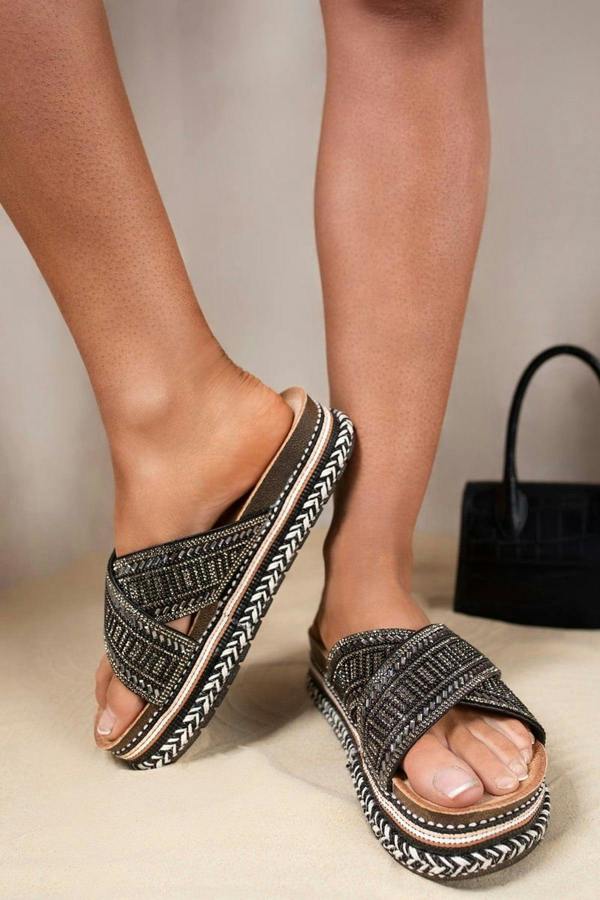 Yareli Embellished Cross Strap Platform Sandals - Black