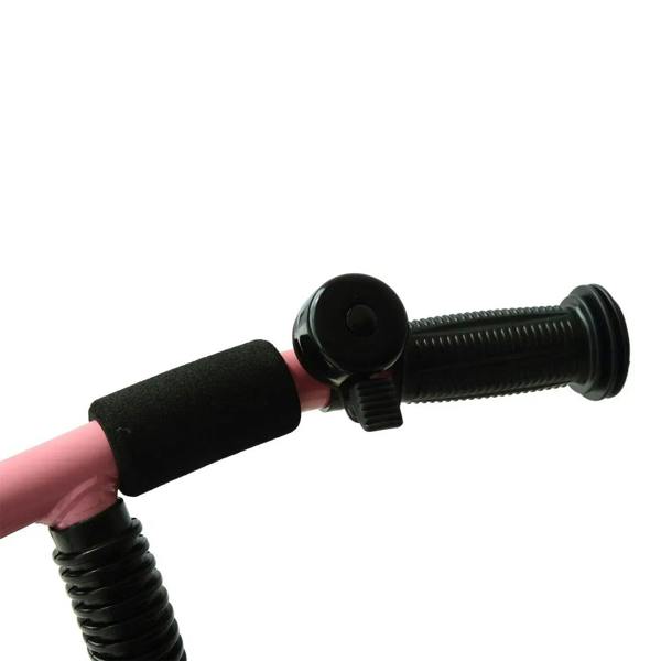 Black padded handlebar grips on a pink 3-wheel toddler tricycle frame