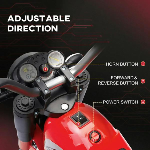 Red and black kids electric motorbike handlebar controls with horn button and power switch