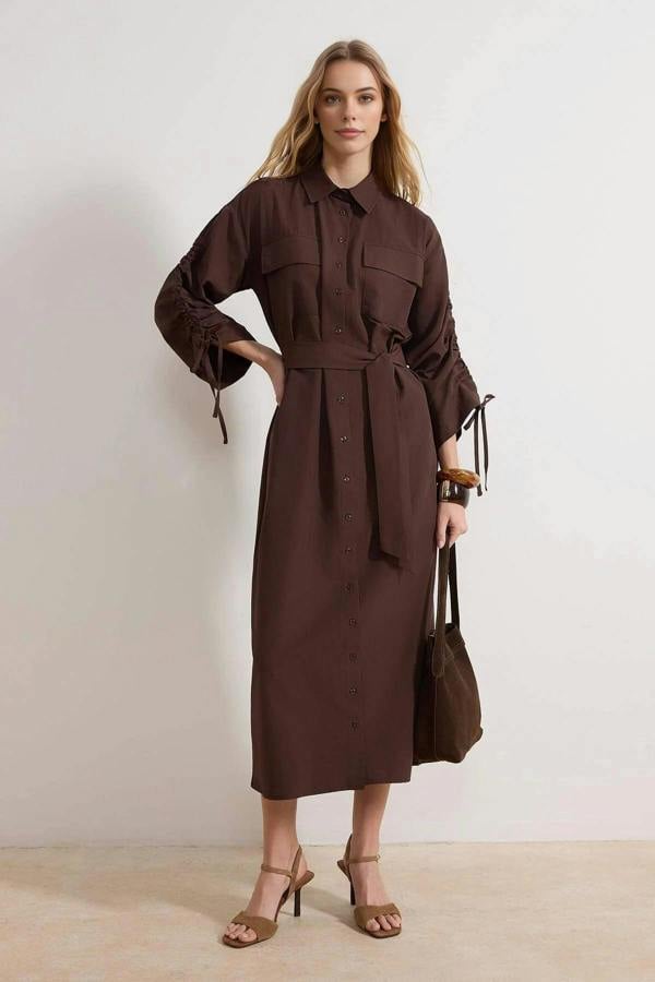 Collared Long Sleeve Tie Cuff Shirt Dress
